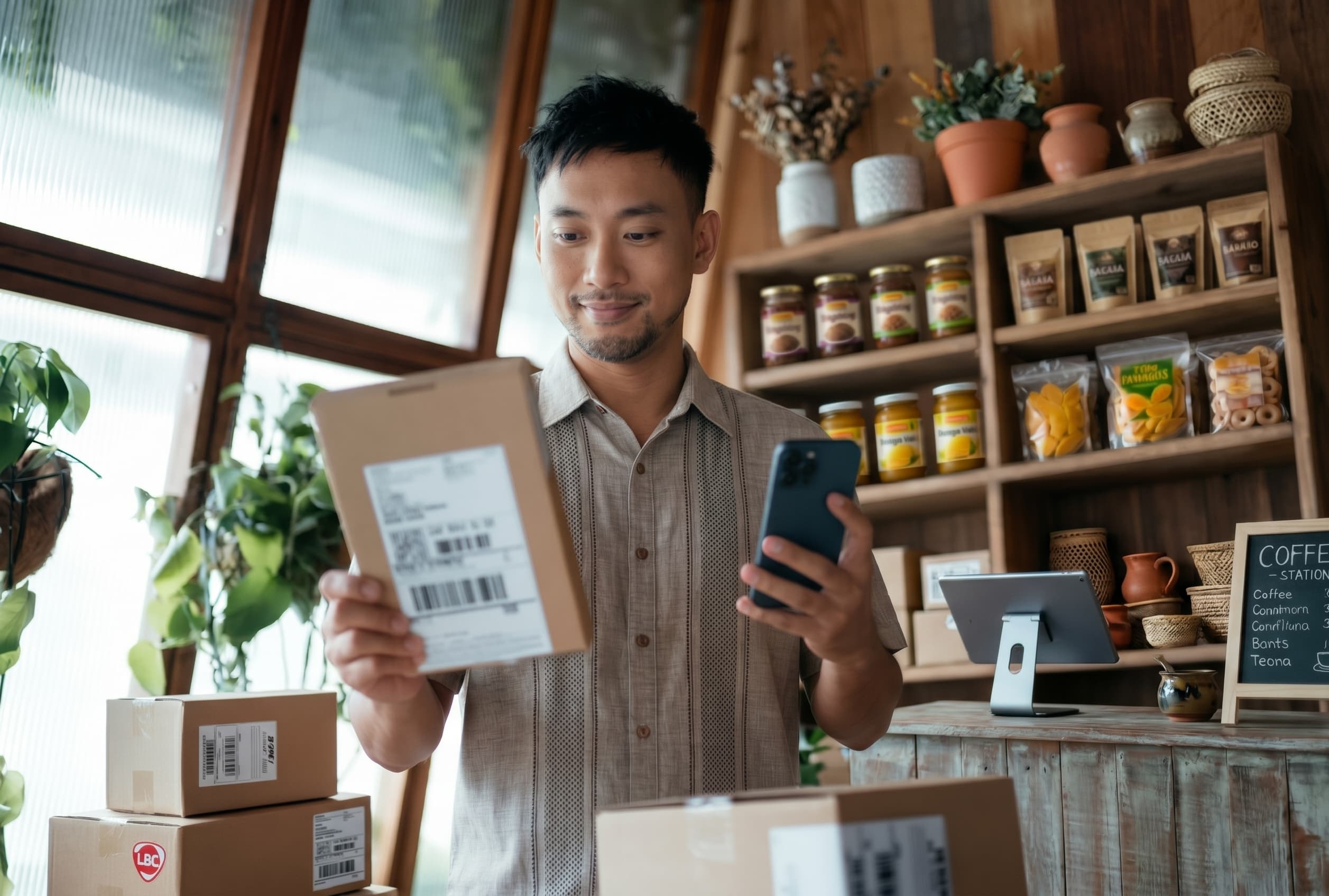 A shop owner holding a parcel ready to ship and checking a payment on a phone