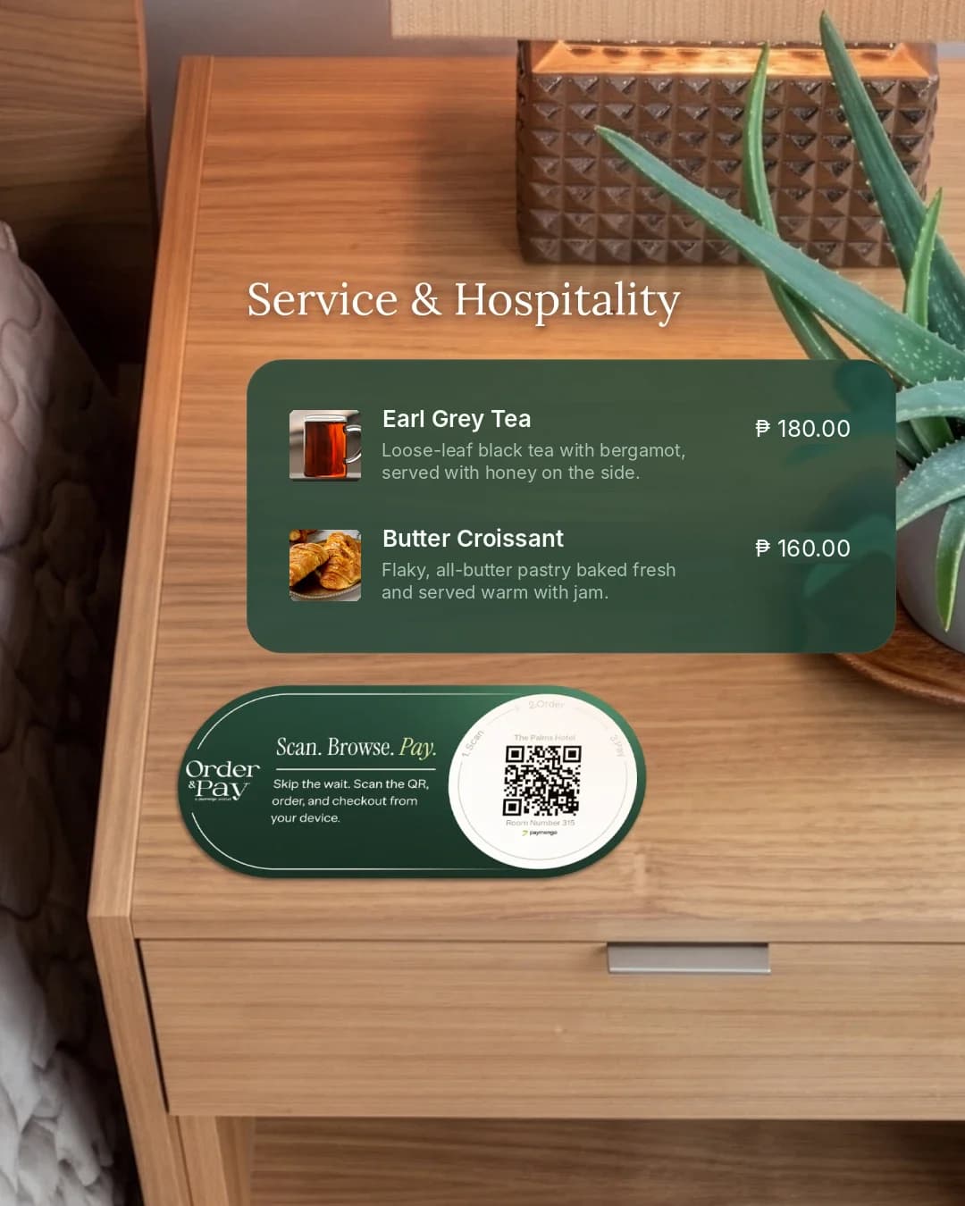 An Order and Pay QR card on a hotel nightstand marked The Palms Hotel, Room Number 315, with the in-room dining menu — Earl Grey Tea, Butter Croissant — shown over it