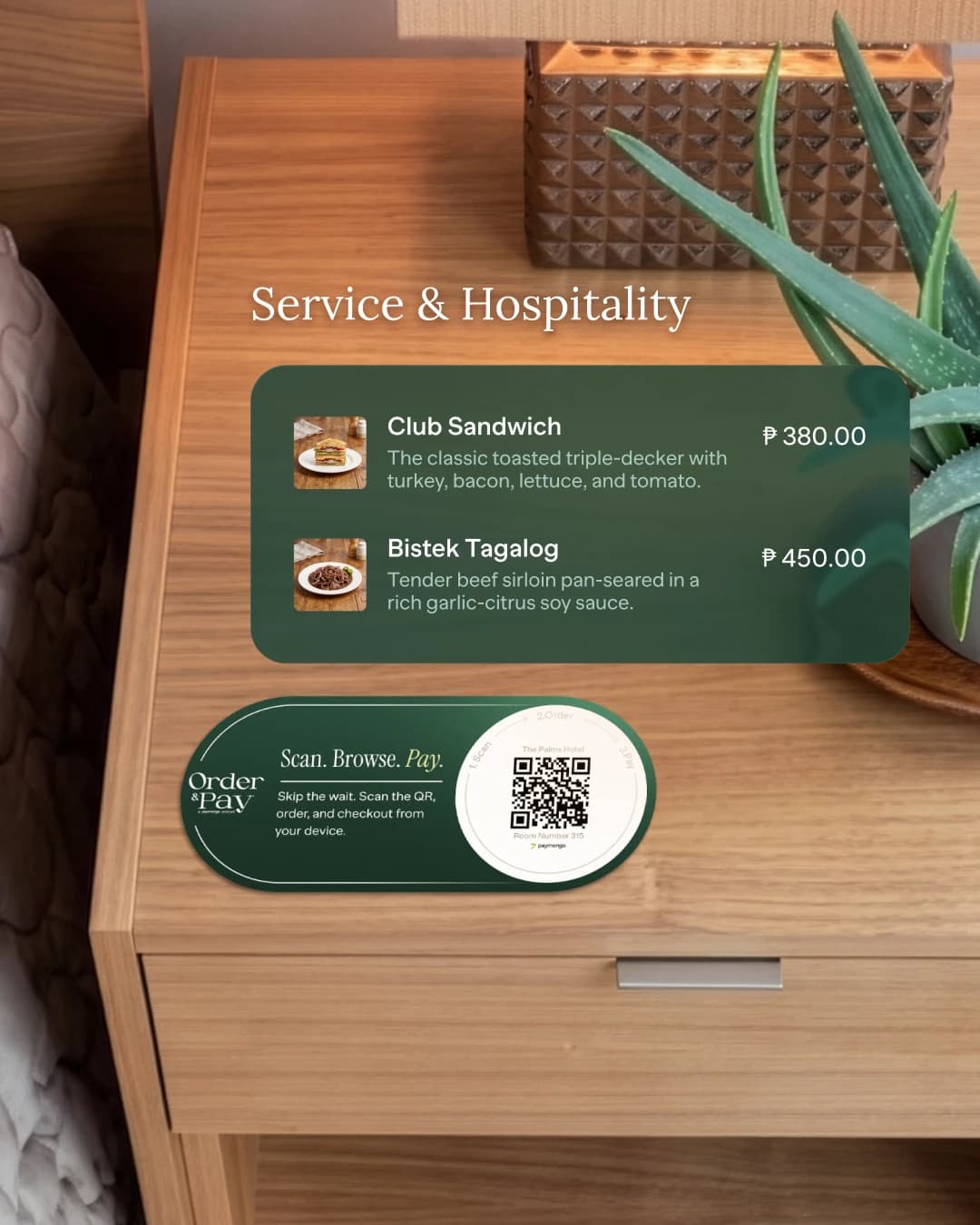 An Order and Pay QR card on a hotel nightstand marked The Palms Hotel, Room Number 315, with the in-room dining menu — Club Sandwich, Bistek Tagalog — shown over it