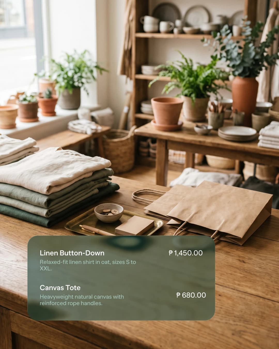 A shop counter stacked with folded linen and paper bags, with the store's catalog — Linen Button-Down, Canvas Tote — shown over it