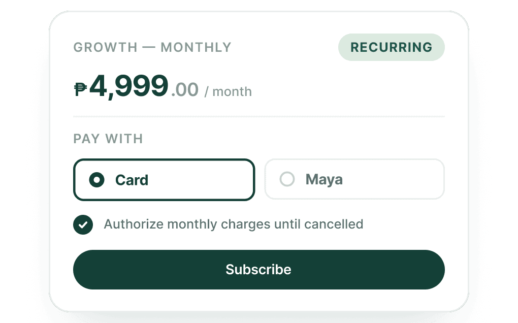 A subscriber choosing a payment method and authorizing recurring charges
