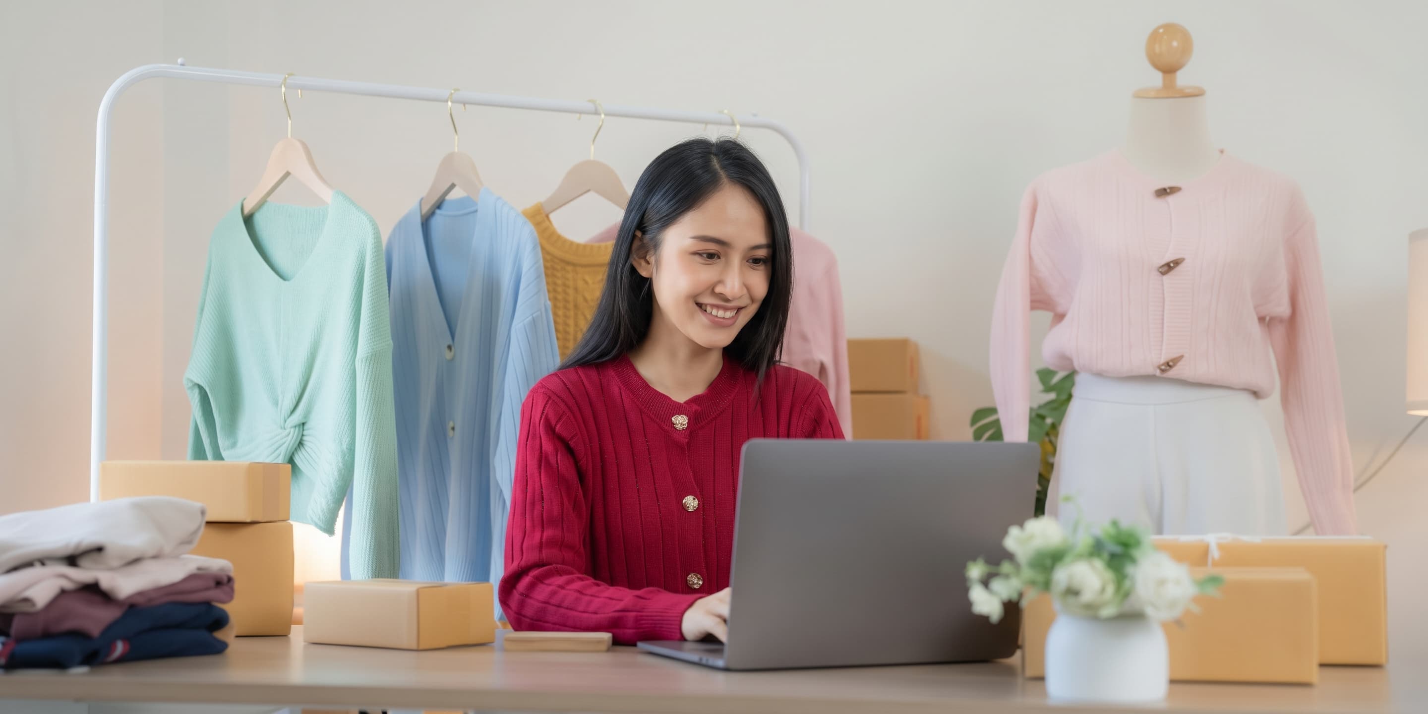 A smiling online seller works at her laptop, with a clothing rack and packed orders around her