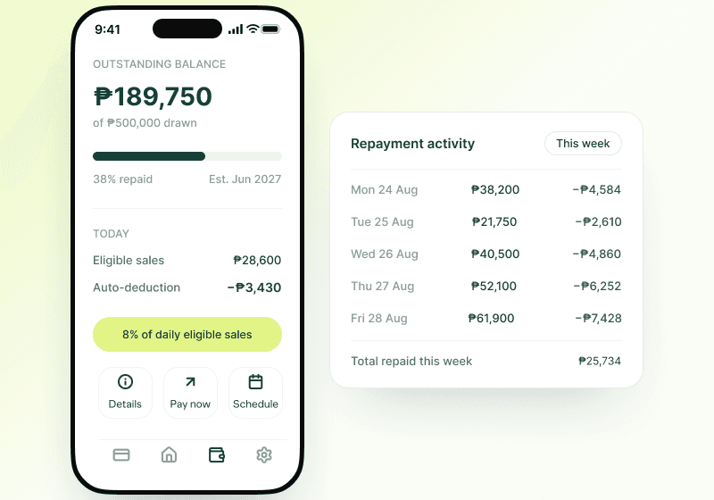 A repayment view showing the outstanding balance and daily auto-deductions taken from eligible sales