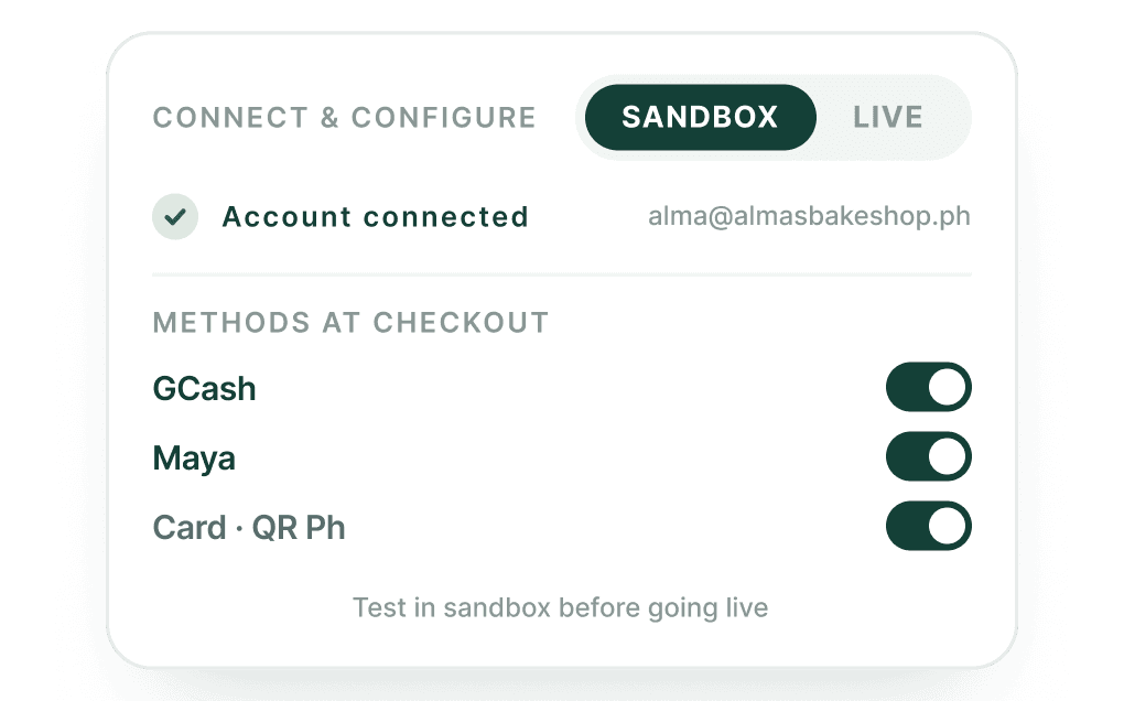Connecting a PayMongo account and choosing which payment methods to enable