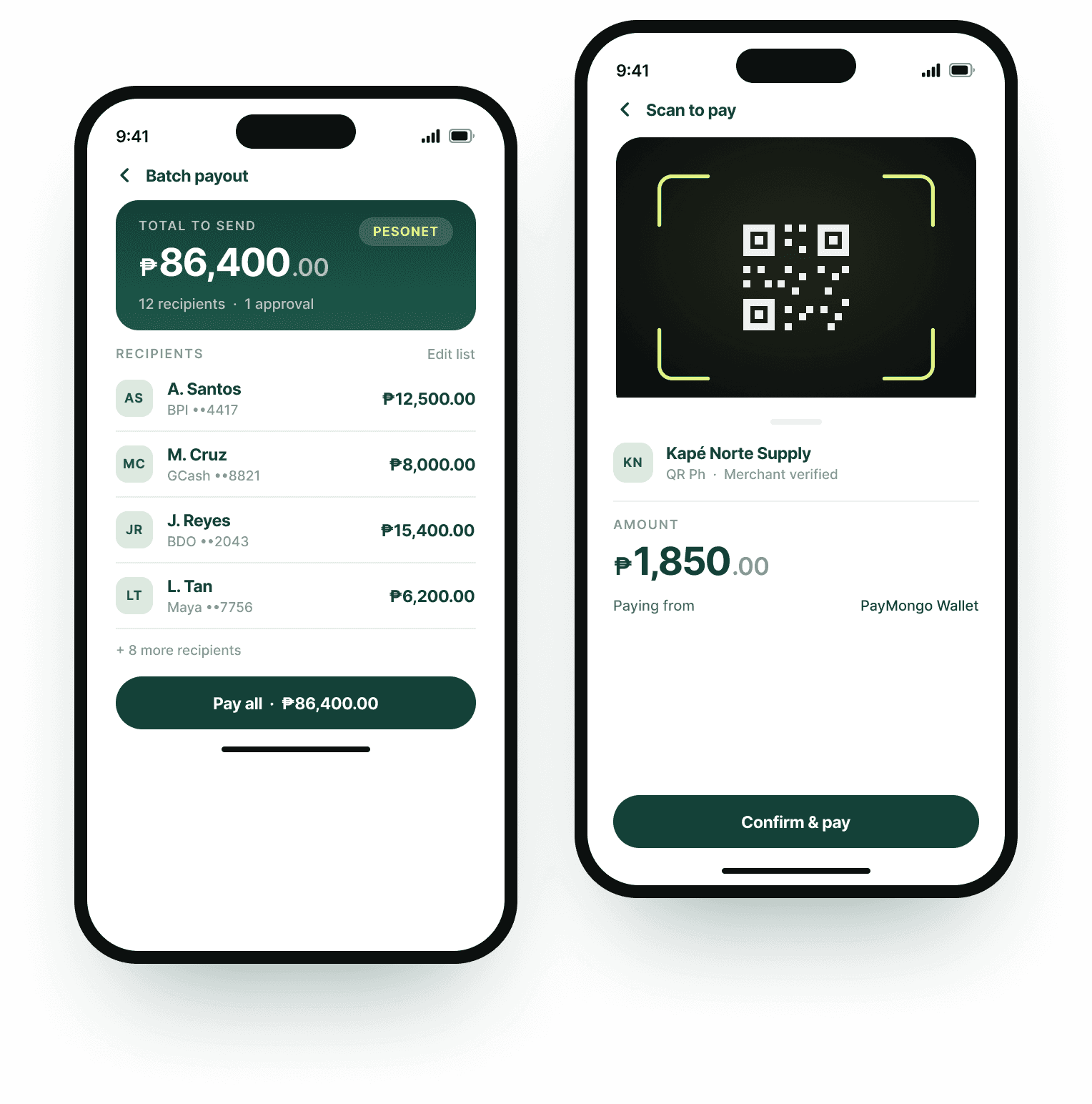 The PayMongo app paying a list of recipients, scanning a QR Ph code, and tracking each transfer