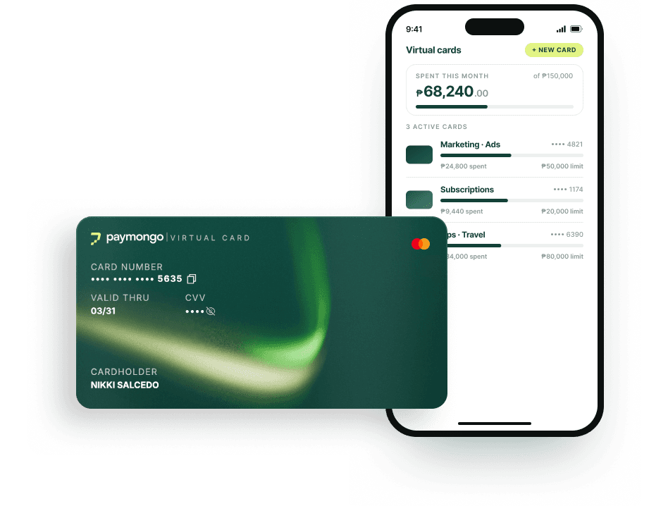 A PayMongo virtual card drawn against a Wallet balance, with a spending limit set per card