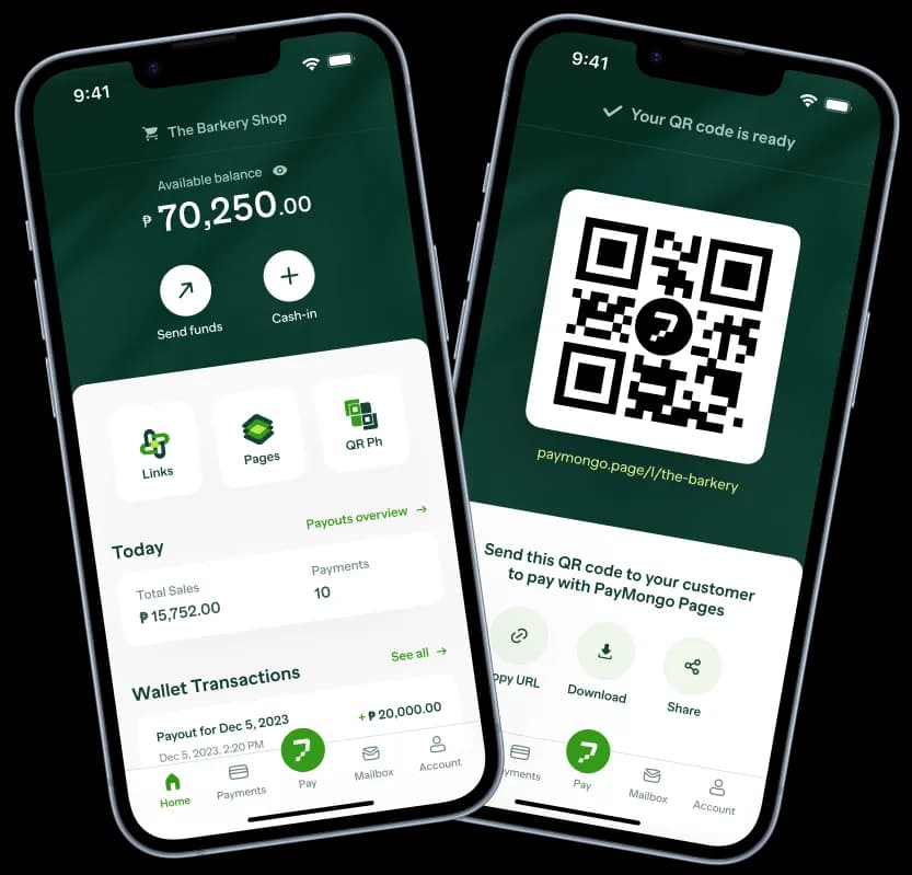 PayMongo Mobile App interface showing payment acceptance and transaction management